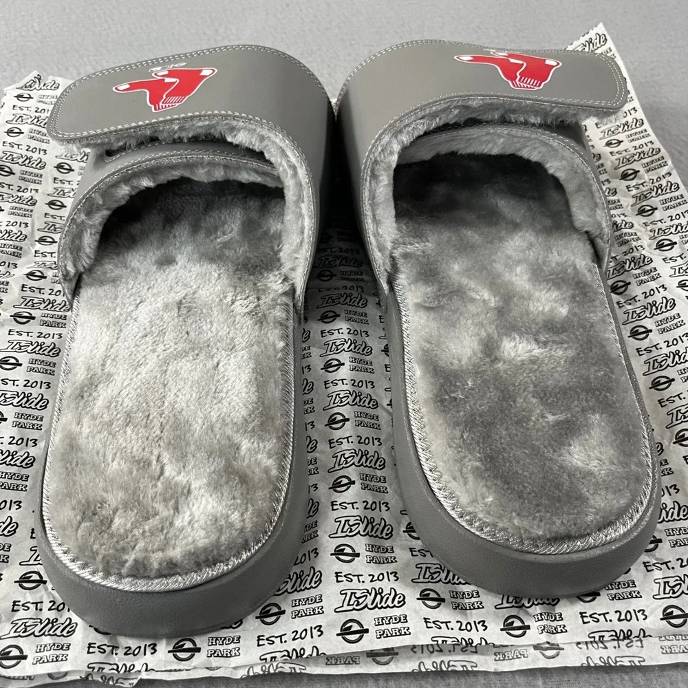 ISlide Boston Red Sox MLB Grey‎ Fur Lined Slide Sandals Mens 13